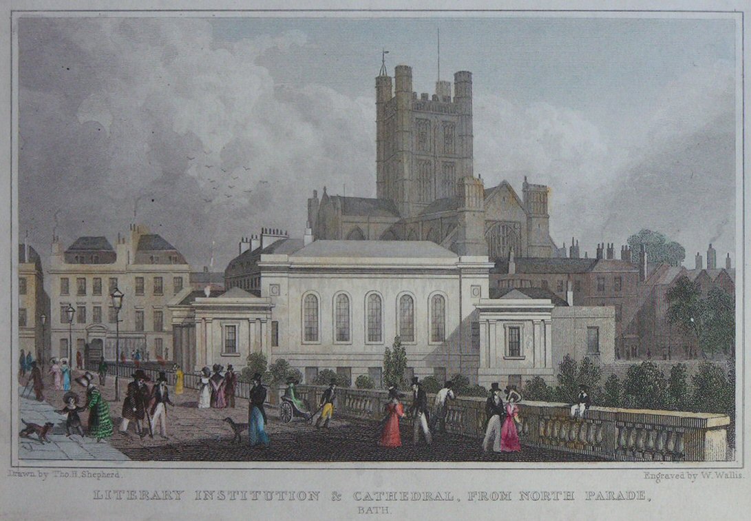 Print - Literary Institution & Cathedral, from North Parade, Bath - Wallis